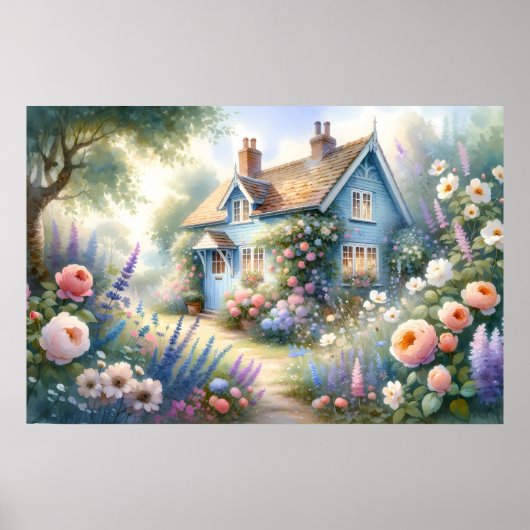 パステルカラーのカントリーハウス 青い家の花の情景 ポスター (正面)