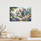 パステルカラーのカントリーハウス 青い家の花の情景 ポスター (キッチン)