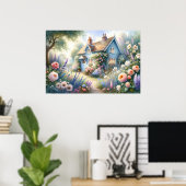 パステルカラーのカントリーハウス 青い家の花の情景 ポスター (ホームオフィス)