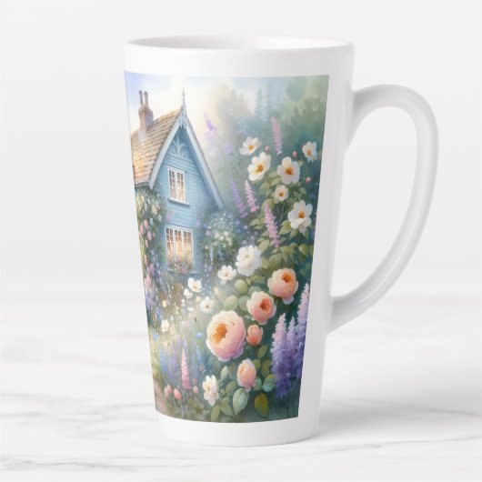 パステルカラーのカントリーハウス 青い家 花の情景 カフェラテマグ (右)