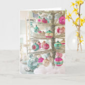 パステルカラーのクリスマスツリーのカード ヴィンテージオーナメント付き カード (黄色い花)