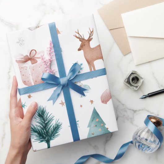 パステルカラーのクリスマス ラッピングペーパー 水彩画風 (ギフト)