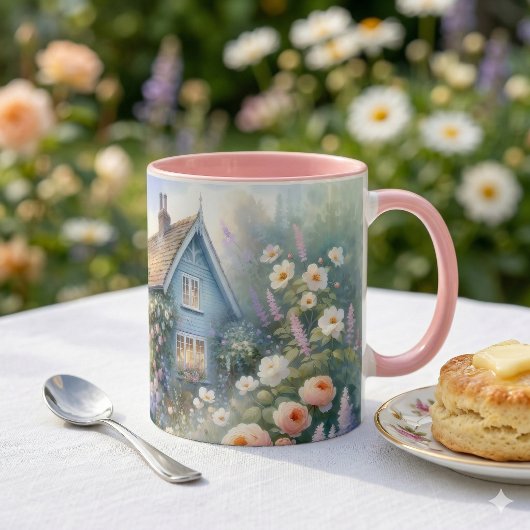 パステルカラーのコテージガーデン 青い家 花の風景 マグカップ