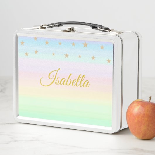 パステルカラーのゴールデンネーム書道&星 メタルランチボックス (インサイチュ)