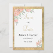 パステルカラーのゴールド水彩花柄のSave the Date 招待状 (正面)