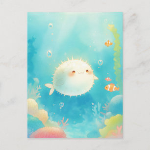 パステルカラーのサンゴ礁に佇むかわいいフグ ポストカード