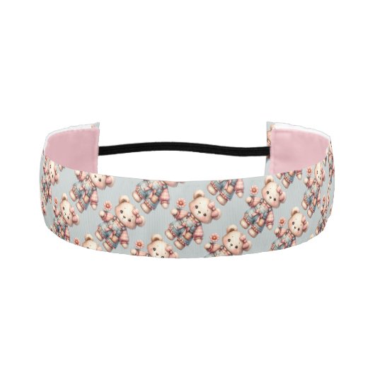 パステルカラーのテディベアが花を持ってオーバーオールを着ている アスレチックヘッドバンド (正面)