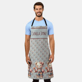 パステルカラーのテディベアが花を持ってオーバーオールを着ている エプロン (着用した状態)