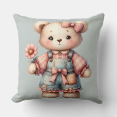 パステルカラーのテディベアが花を持ってオーバーオールを着ている クッション (正面)