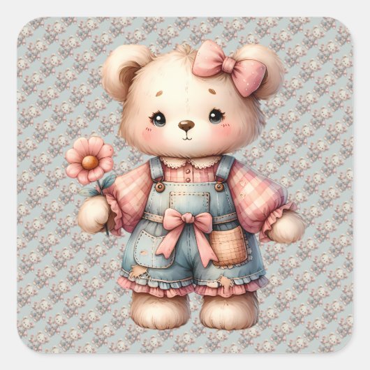 パステルカラーのテディベアが花を持ってオーバーオールを着ている スクエアシール (正面)