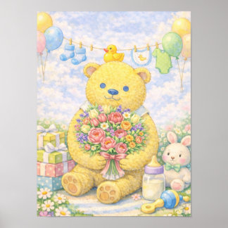 パステルカラーのテディベアと花 ポスター