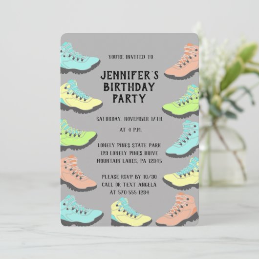 パステルカラーのハイキングブーツカスタマイズ 招待状 (スタンド正面)