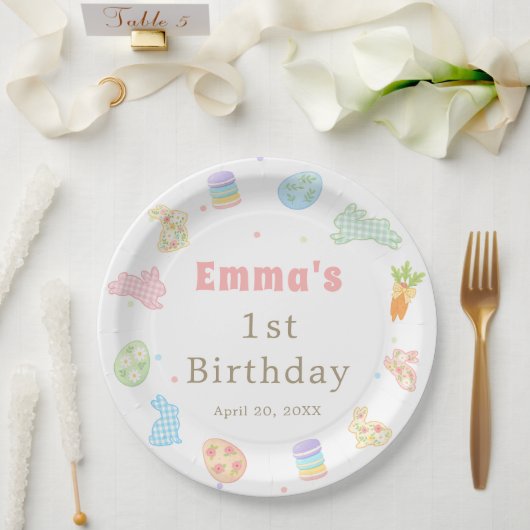 パステルカラーのバニーの1歳の誕生日 ペーパープレート (ウェディング)