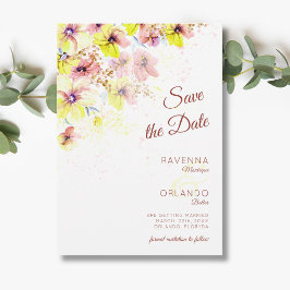 パステルカラーのパンジーの花 ピーチイエローのロマンティックな結婚式 セーブザデート