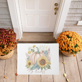 パステルカラーのパンプキンとボヘミアンフラワーのカスタム ドアマット