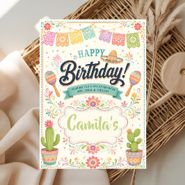 パステルカラーのフィエスタの誕生日カード(ソンブレロとサボテン付き) カード