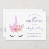 パステルカラーのユニコーンと虹の誕生日 招待状 (正面/裏面)