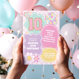パステルカラーのヴァーシティ風パッチ 10歳の誕生日 招待状