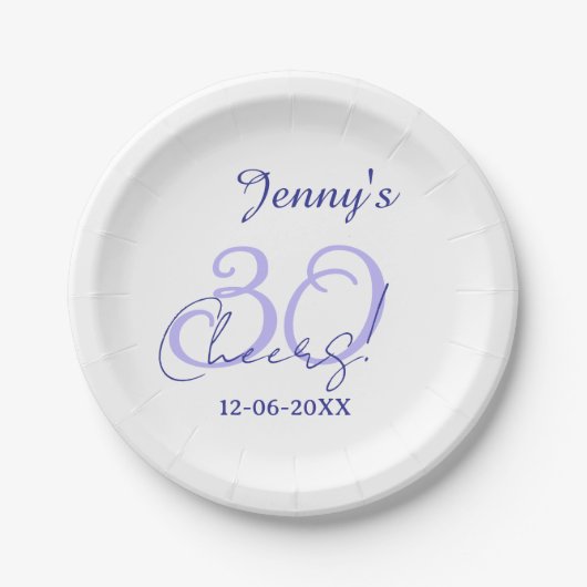 パステルカラーの乾杯 30歳の誕生日 紫 エレガント 名前入り ペーパープレート (正面)