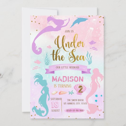 パステルカラーの人魚の誕生日招待状 招待状 (正面)