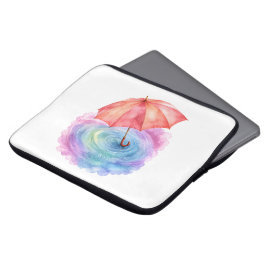 パステルカラーの傘 雨のリップル 水彩画アート ラップトップスリーブ