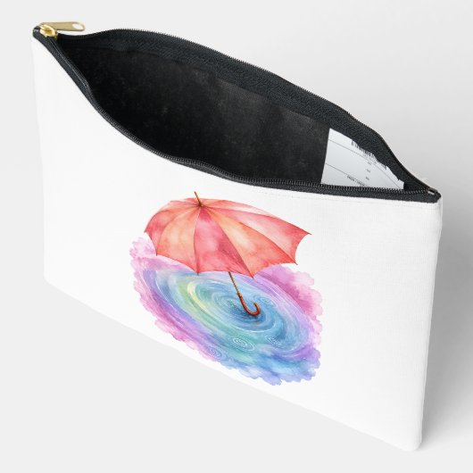 パステルカラーの傘 雨の波紋 水彩画アート アクセサリーポーチ (見開き)