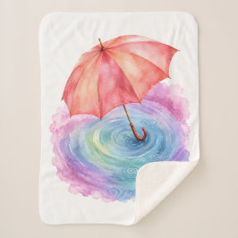 パステルカラーの傘 雨の波紋 水彩画アート シェルパブランケット