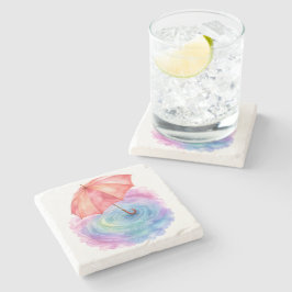 パステルカラーの傘 雨の波紋 水彩画アート ストーンコースター