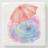 パステルカラーの傘 雨の波紋 水彩画アート ストーンコースター (正面)