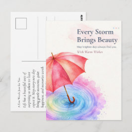 パステルカラーの傘 雨の波紋 水彩画アート ポストカード