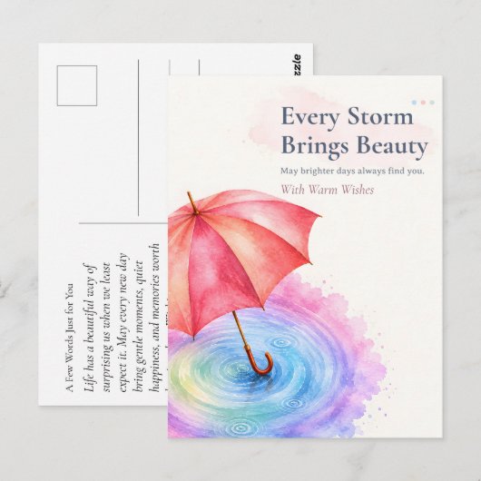 パステルカラーの傘 雨の波紋 水彩画アート ポストカード (正面/裏面)