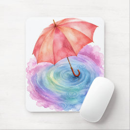 パステルカラーの傘 雨の波紋 水彩画アート マウスパッド