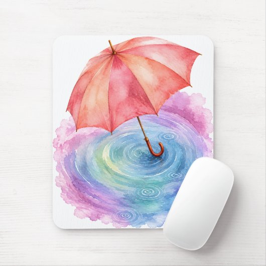 パステルカラーの傘 雨の波紋 水彩画アート マウスパッド (マウス)