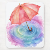 パステルカラーの傘 雨の波紋 水彩画アート マウスパッド (正面)