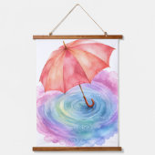 パステルカラーの傘 雨の波紋 水彩画アート 吊り下げ型タペストリー (正面)