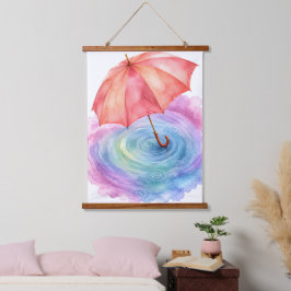パステルカラーの傘 雨の波紋 水彩画アート 吊り下げ型タペストリー