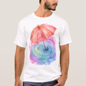 パステルカラーの傘 雨の波紋 水彩画アート Tシャツ (正面)