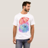 パステルカラーの傘 雨の波紋 水彩画アート Tシャツ (正面フル)