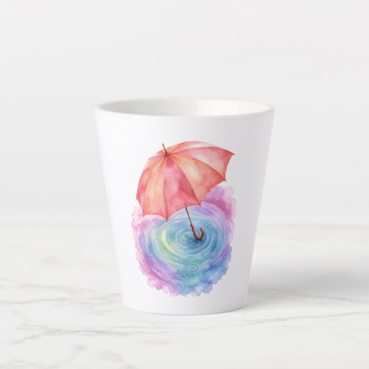パステルカラーの傘 雨の波紋 水彩画 カフェラテマグ (正面)