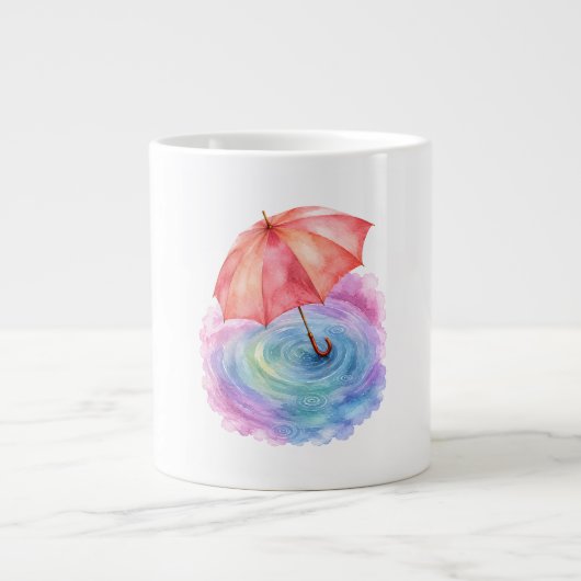 パステルカラーの傘 雨の波紋 水彩画 ジャンボコーヒーマグカップ (正面)