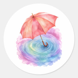 パステルカラーの傘 雨の波紋 水彩画 ラウンドシール