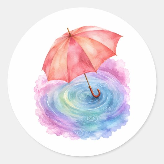 パステルカラーの傘 雨の波紋 水彩画 ラウンドシール (正面)