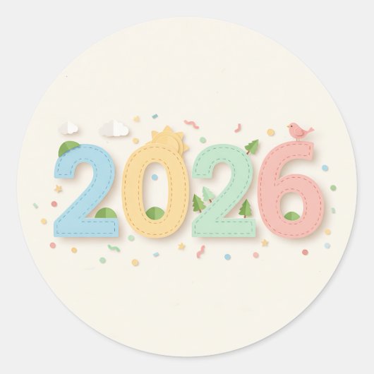 パステルカラーの切り絵風チャーミングな2026数字 ラウンドシール (正面)