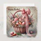 パステルカラーの卵があしらわれたビンテージの素朴なレースのバスケット シーズンカード (正面/裏面)