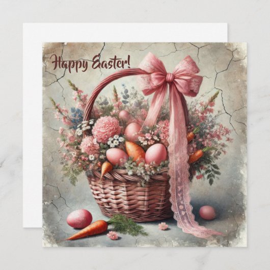 パステルカラーの卵があしらわれたビンテージの素朴なレースのバスケット シーズンカード (正面/裏面)
