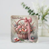 パステルカラーの卵があしらわれたビンテージの素朴なレースのバスケット シーズンカード (スタンド正面)