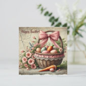 パステルカラーの卵があしらわれた、素朴なレースのバスケット シーズンカード (スタンド正面)