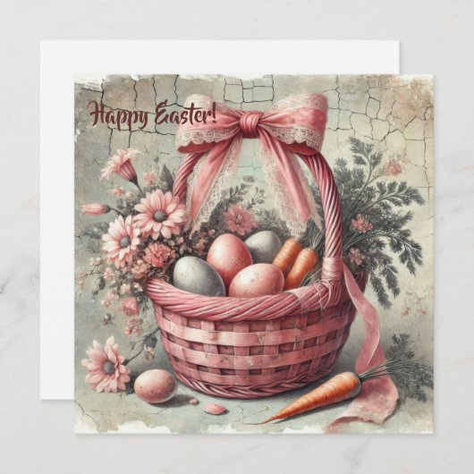 パステルカラーの卵が入ったレトロなラスティックバスケット シーズンカード (正面/裏面)