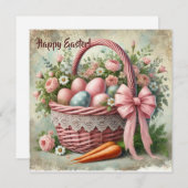 パステルカラーの卵の付いたレトロなルスティックレースのバスケット シーズンカード (正面/裏面)