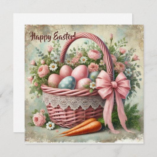パステルカラーの卵の付いたレトロなルスティックレースのバスケット シーズンカード (正面/裏面)